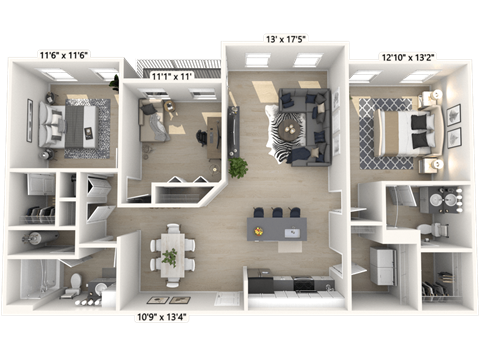 Floor plan for 3 beds, 2 baths, 1349 sqft
